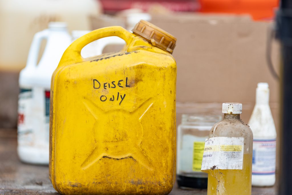 Clean Sweep 10- 08 22-22 Various containers of chemicals, including a yellow fuel jug labeled "diesel only".