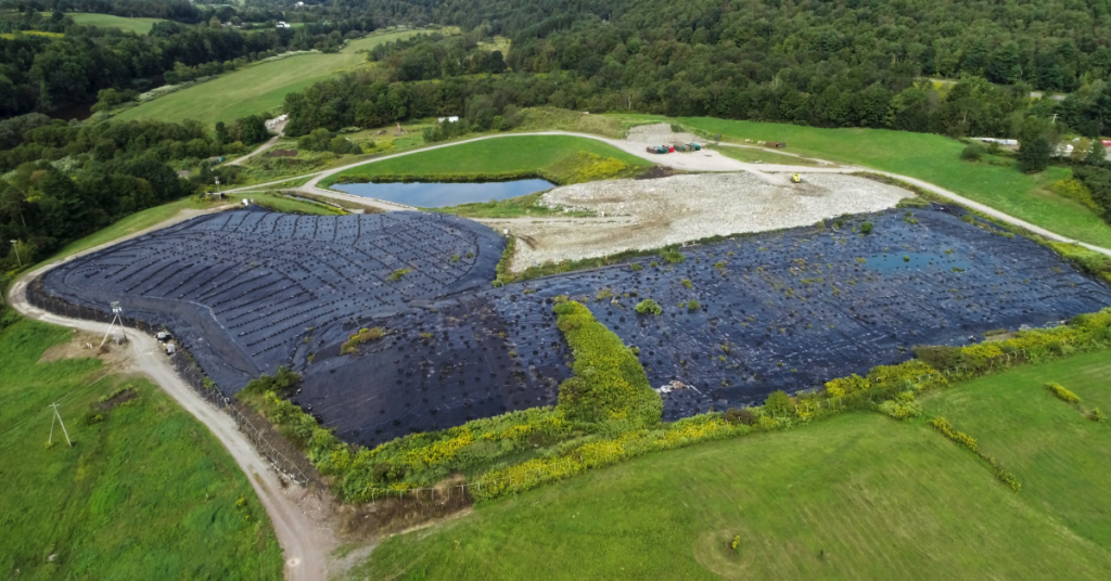 Drone view of covered landfill cells.