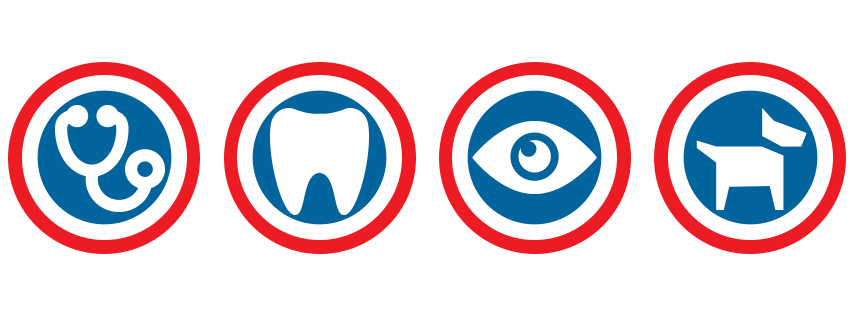 White medical, dental, optometry, and veterinary symbols on blue and red background.