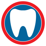 White tooth icon on navy blue and red circle.