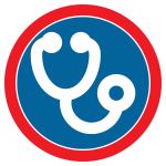 White stethoscope icon on navy blue and red circle.