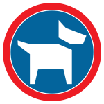 White dog icon on navy blue and red circle.