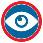 White eye icon on navy blue and red circle.