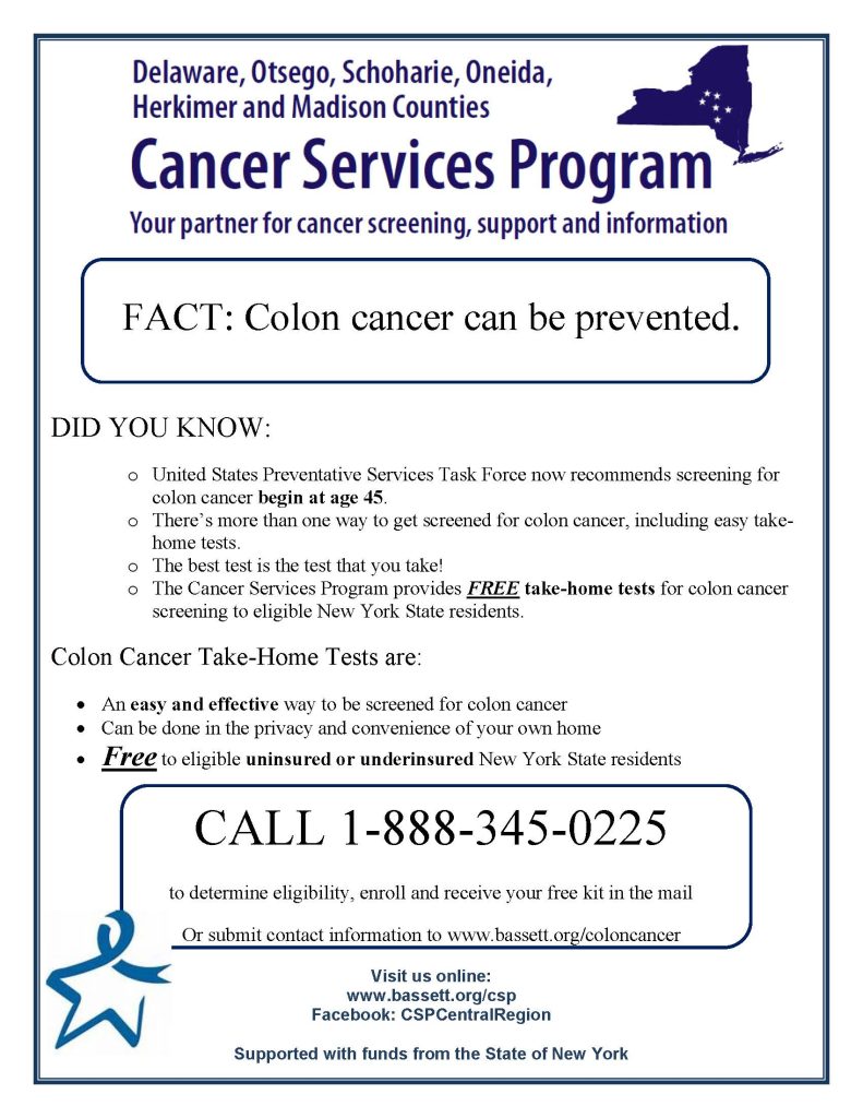 Colon Cancer prevention and take-home test flier.