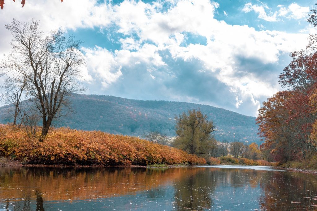 Scenic view overlooking West Branch of Delaware River and mountains in fall.